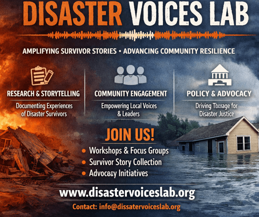 Disaster Voices Lab promo flyer